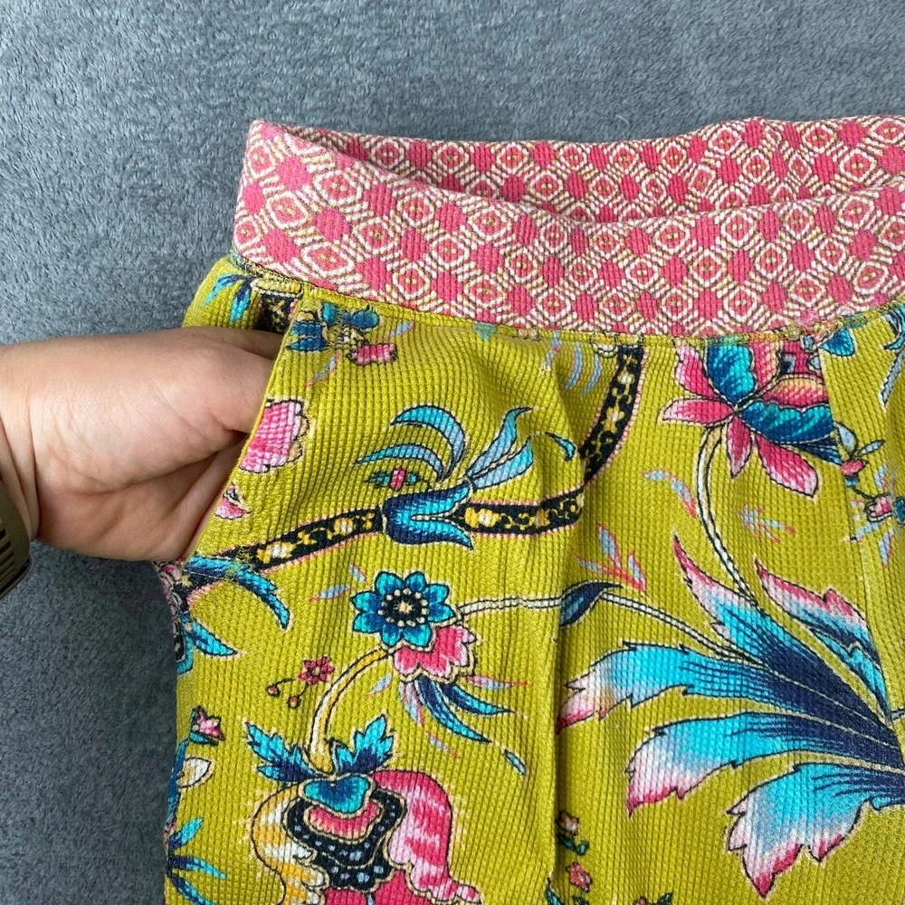 Sundance Women Large Pajama Set Yellow Floral Waffle Knit Cotton Henley Joggers